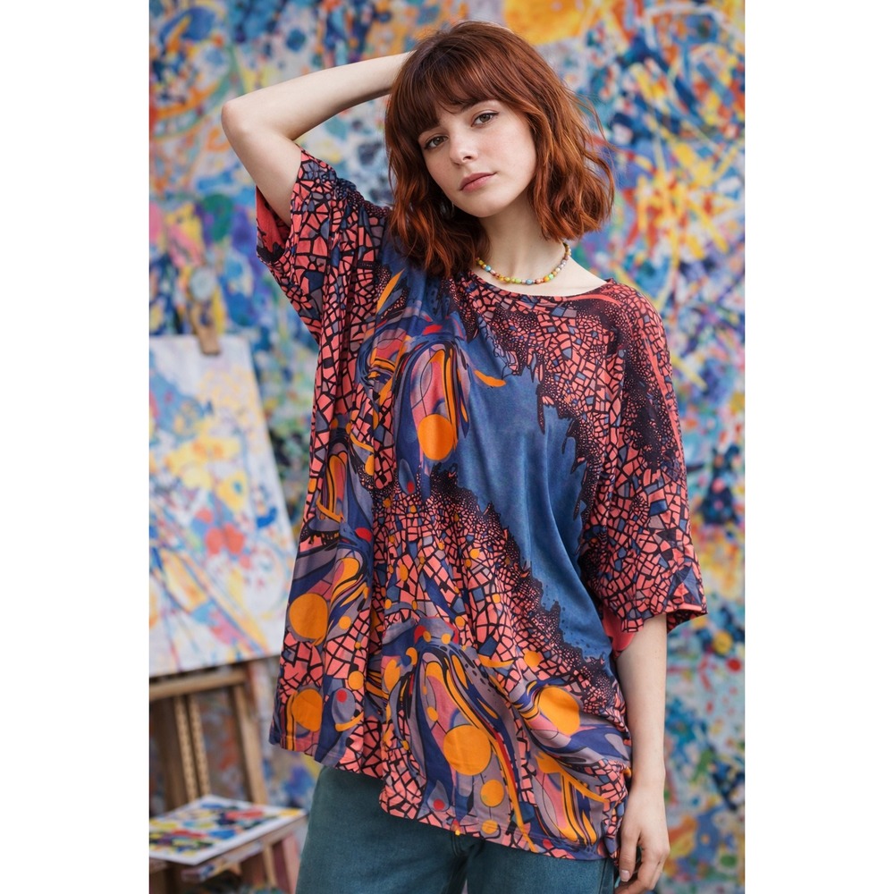 Inoah Womens Abstract Mosaic Mesh Batwing Top Blue Coral Orange S artsy Bold‎